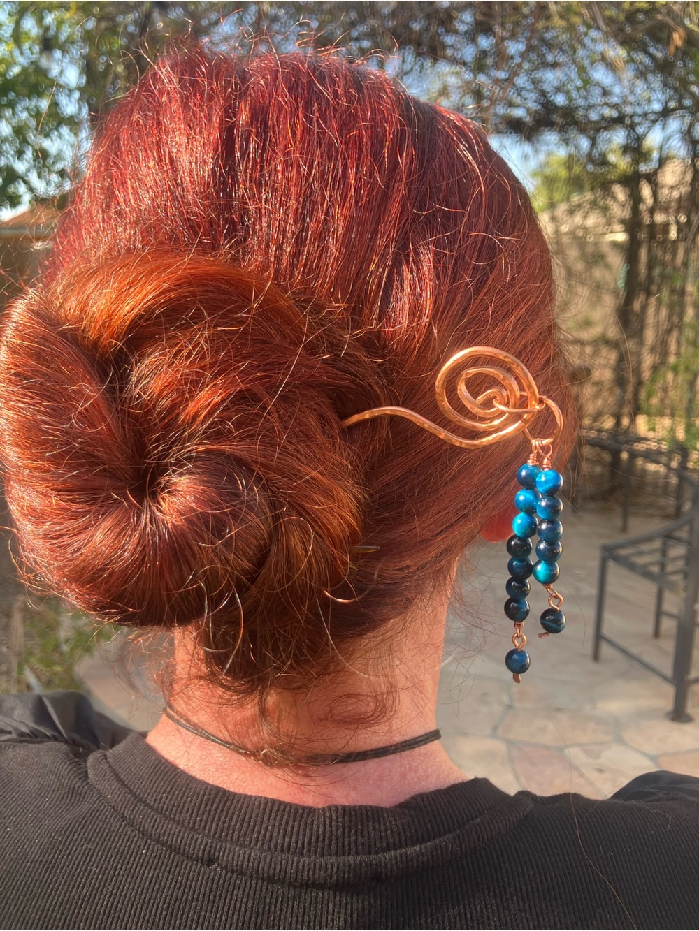 Handcrafted Hammered Copper Hair Pin with Blue Bead Dangles